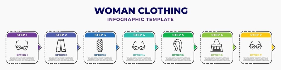 woman clothing infographic design template with heart shaped eyeglasses, rectangular, cylindrical lamp, childish eyeglasses, female with long hair, fashionable hand bag, round eyeglasses icons. can
