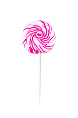 Lollipops on a white background. Sweets made from chocolate, mastic, marshmallows and sugar syrup. Multicolored lollipops. Colorful sweet desserts for candy bar and cake decorating.