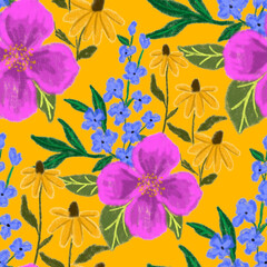 Creative seamless pattern with abstract flowers drawn with wax crayons. Bright colorful floral print.
