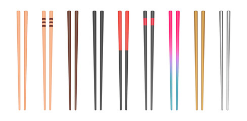 Realistic vector wooden and metallic chopsticks. Asian utensils set. Classic and modern black, brown, golden and silver chopsticks.