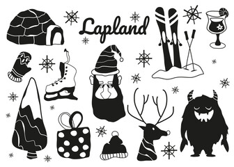 A set of traditional symbols of Lapland. Deer, Santa Claus, mittens, decoration, snowman, yurt, skis, mulled wine, igloo, skates, gift, Christmas tree, snowflakes. Happy New Year! Merry Christmas!