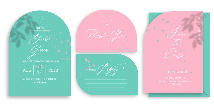 Modern arch wedding invitation template, arch shape with tropical leaf shadow and trend color pink and turquoise.
