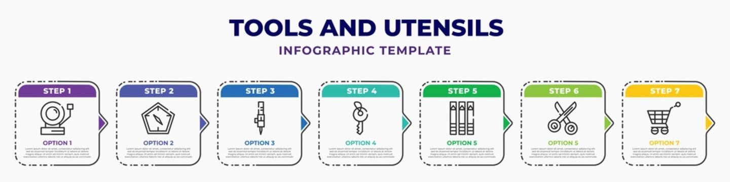 Tools And Utensils Infographic Design Template With Ringing, Cardinal, Tattoo, Key Ring, Eyes Makeup Pencils, Scissors Inverted View, Empty Shopping Basket Icons. Can Be Used For Web, Banner, Info