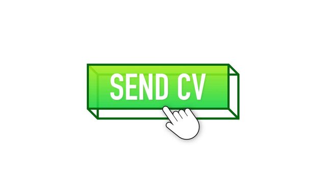 Send cv button in 3d style on blue background. Flat button on white background 4k