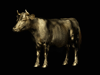 Golden cow on a dark background. 3D illustration.