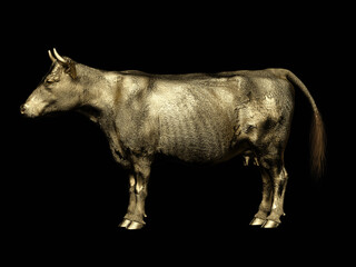 Golden cow on a dark background. Side view. 3D illustration.