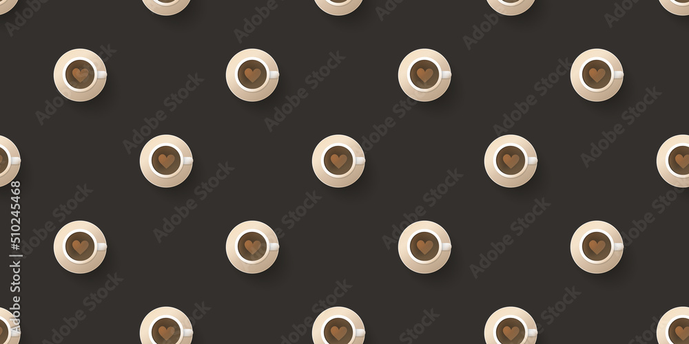 Poster seamless coffee cup icons pattern on wide scale dark brown background - design template in editable 