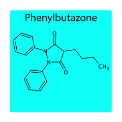 Phenylbutazone molecular structure, flat skeletal chemical formula. NSAID drug used to treat ankylosing spondylitits, rheumatoid arthritis, gout, osteoarthritis, pain, swelling. blue background Vector
