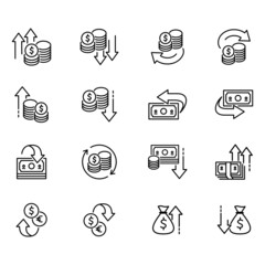 Set of vector icons related to money movement. Vector illustration of profit, loose, earnings and more with editable black outline.