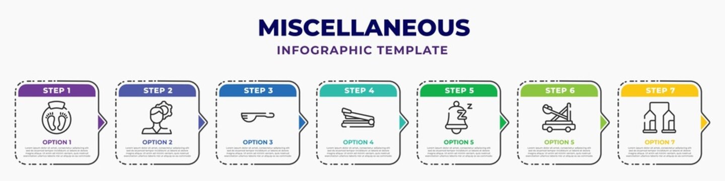 Miscellaneous Infographic Design Template With Body Weight, , Measuring Spoon, Stapler Remover, Snooze, Catapult, Granary Icons. Can Be Used For Web, Banner, Info Graph.