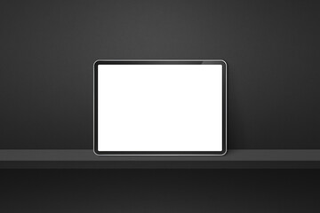 Digital tablet pc on black wall shelf. Horizontal background banner
