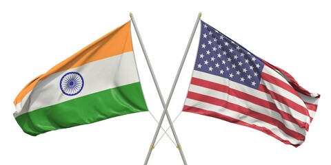 Flags of the USA and India on white background. 3D rendering