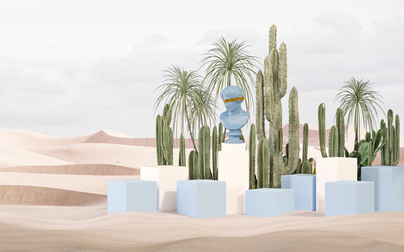 Abstract platform podium on sand dunes background. Column on Desert background with Greek man stone statue, cactus, tropical garden. mock-up for products promotion, presentation. 3d render
