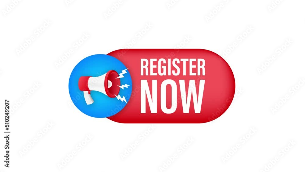 Aufkleber megaphone label with register now. megaphone banner. web design. motion graphics . 4k