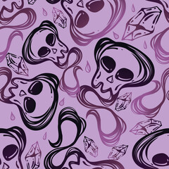 Vector illustration.Skull, crystal, abstraction. Handmade, purple background, seamless pattern
