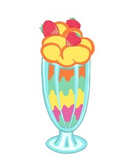 multicolored milkshake decorated with strawberries. Graphic illustration of a bright summer cocktail on a white background