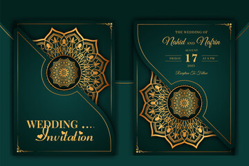 Luxury Mandala Wedding Invitation Card template with golden arabesque pattern Arabic Islamic east background style. Editable vector file. Decorative mandala for print, poster, cover, flyer, banner.