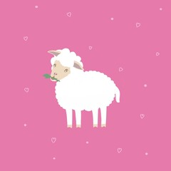 Illustration. Cartoon white lamb chews a leaf isolated on a pink background. Concept of children's content, illustration for book, magazine, postcard, print for clothes, cups.
