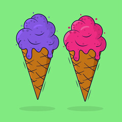 Strawberry and Black currant  soft Ice cream cone cartoon vector icon illustration