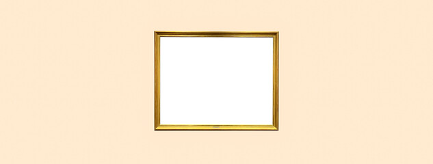 Antique art fair gallery frame on beige wall at auction house or museum exhibition, blank template...