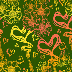 Vector illustration. Fountain pen hand, write in ink. Handmade, green background, seamless pattern