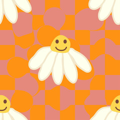 Retro Smile Chamomile Seamless Pattern on 1970 Wavy Swirl Seamless Pattern. Hippie Aesthetic.