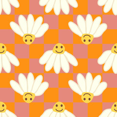Retro Smile Chamomile Seamless Pattern on 1970 Wavy Swirl Seamless Pattern. Hippie Aesthetic.
