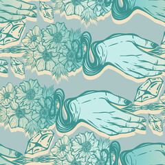 Obraz premium Vector illustration. Fountain pen hand, write in ink, white anemones flowers, handmade. Light blue background, seamless pattern