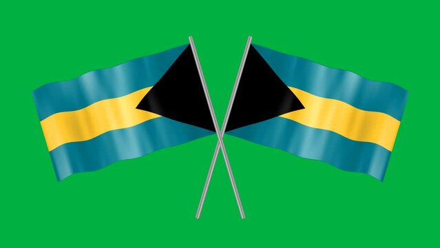 Crossed Bahamas flag in smooth waving fabric isolated on green screen. Concept for celebrating national holidays and government.