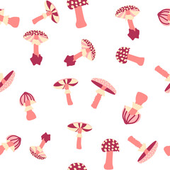 Magic mushrooms seamless pattern. Psychedelic hallucination. 60s hippie colorful art. Vintage psychedelic textile, fabric, wrapping, wallpaper.