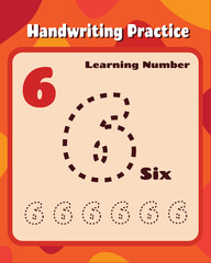 Number 6 handwriting trace practice worksheet for preschool kids learning how to write layout in colorful printable version. Vector Illustration.