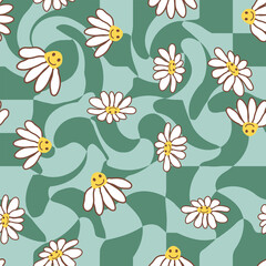 Retro Smile Chamomile Seamless Pattern on 1970 Wavy Swirl Seamless Pattern. Hippie Aesthetic.