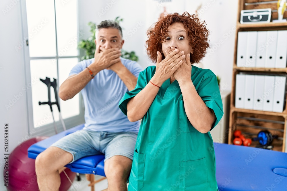 Sticker physiotherapy woman working at pain recovery clinic with patient shocked covering mouth with hands f