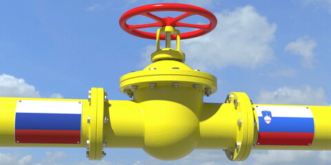 RUSSIA SLOVENIA oil or gas transportation concept, pipe with valve. 3D rendering