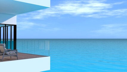 Fototapeta na wymiar Sea view terrace. A wooden terrace of modern high-rise building with ocean view, white blank wall with a pool-side chair on it. 3D illustration.