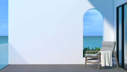 Sea view terrace. A wooden terrace of modern high-rise building with ocean view, white blank wall with a pool-side chair and white towel on it. 3D illustration. - 510254284