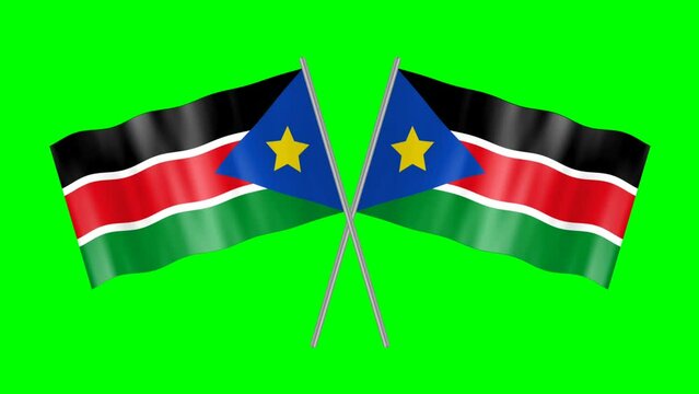 National flag of South Sudan isolated on green screen in crossed pattern. Waving South Sudan flag.