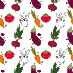Vector pattern of seasonal bright vegetables on a white background. A pattern of radishes, beets, carrots on a white background. Suitable for kitchen decoration, menus, textiles and scrapbooking.
