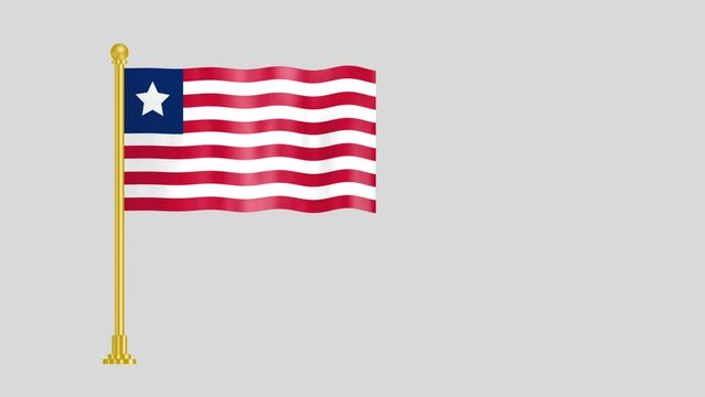 Waving Liberia flag isolated on white grey background with golden pole. Smooth flag waving animation.