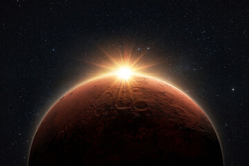 Amazing red planet Mars with sunrise rays in deep starry space. Space Wallpaper - obrazy, fototapety, plakaty