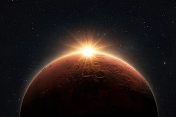Foto op Canvas Verbazingwekkende rode planeet Mars met zonsopgangstralen in diepe sterrenhemel. Ruimte Achtergrond © alones