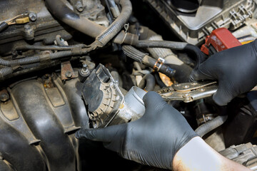Fototapeta na wymiar Mechanic in process replacement throttle body of car engine for repair car service