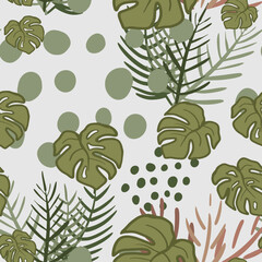 Hand drawn floral seamless pattern. Exotic green leaves background. Abstract simple seamless pattern.