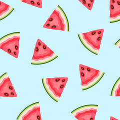Seamless pattern with watermelon fruit slices on a blue background. Vector illustration