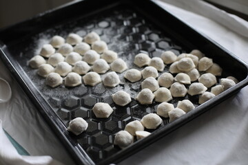 raw frozen dumplings on a black dish