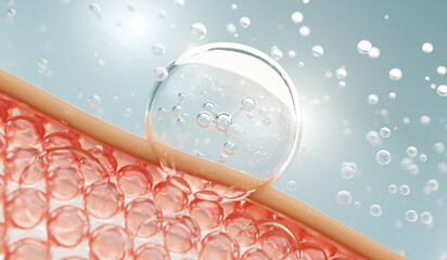 Molecule in side collagen bubble and Vitamin illustration isolated on soft color background. concept skin care cosmetics solution. 3d rendering. - obrazy, fototapety, plakaty