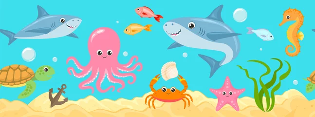 Plexiglas keuken achterwand In de zee Onderwater zeeleven naadloze banner. Onderzees landschap met schattige haai, schildpad, octopus, krab, zeester, zeepaardje en reisspullen. Vectorbeeldverhaalillustratie van oceaandieren en vissen.