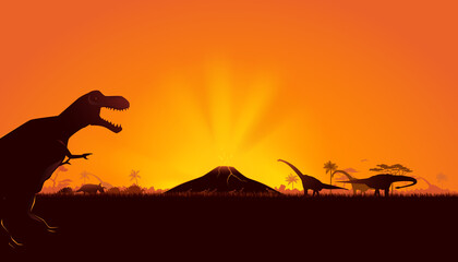 Vector illustration of dinosaurs with volcano background. The prehistoric landscape