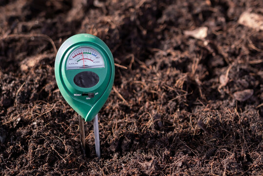close up of a moisture and pH measure meter on the ground