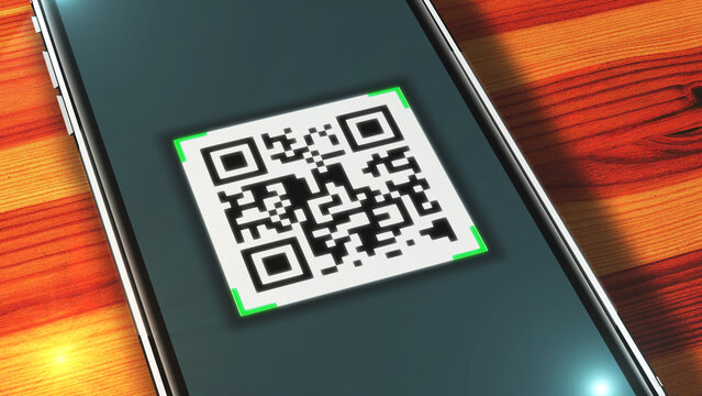 QR code on screen of smartphone. Scanning Quick Response code. Barcode. 3d render.